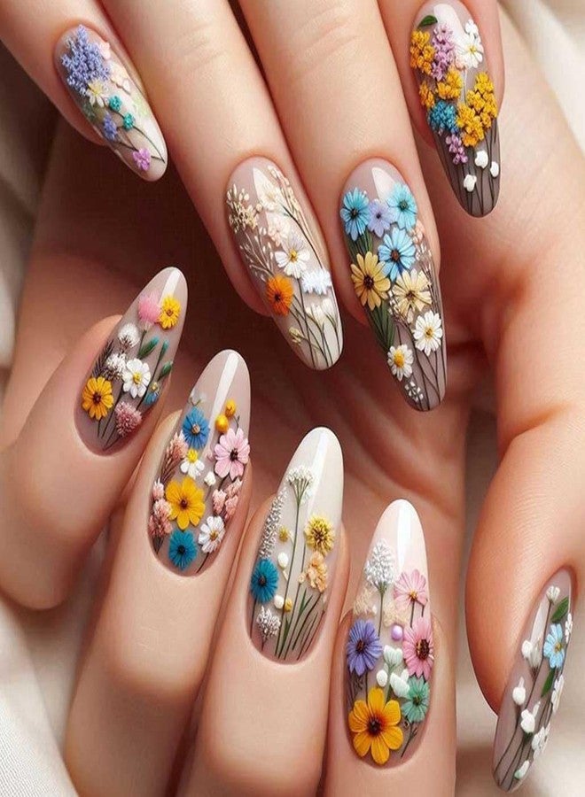 Foccna French Tip Press on Nails Almond Fake Nails False with Flower Designs Acrylic Artificial Nails Full Cover Nails Stick on Nails for Women Girls - Image 1